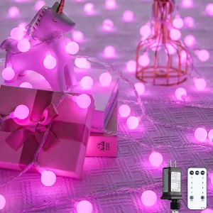 JMEXSUSS 100 LED Pink String Lights for Bedroom, Connectable Globe String Lights Indoor Plug in, 8 Modes 33ft Pink Christmas Fairy Light Withe Remote for Girl's Room, Valentines, Party Decoration