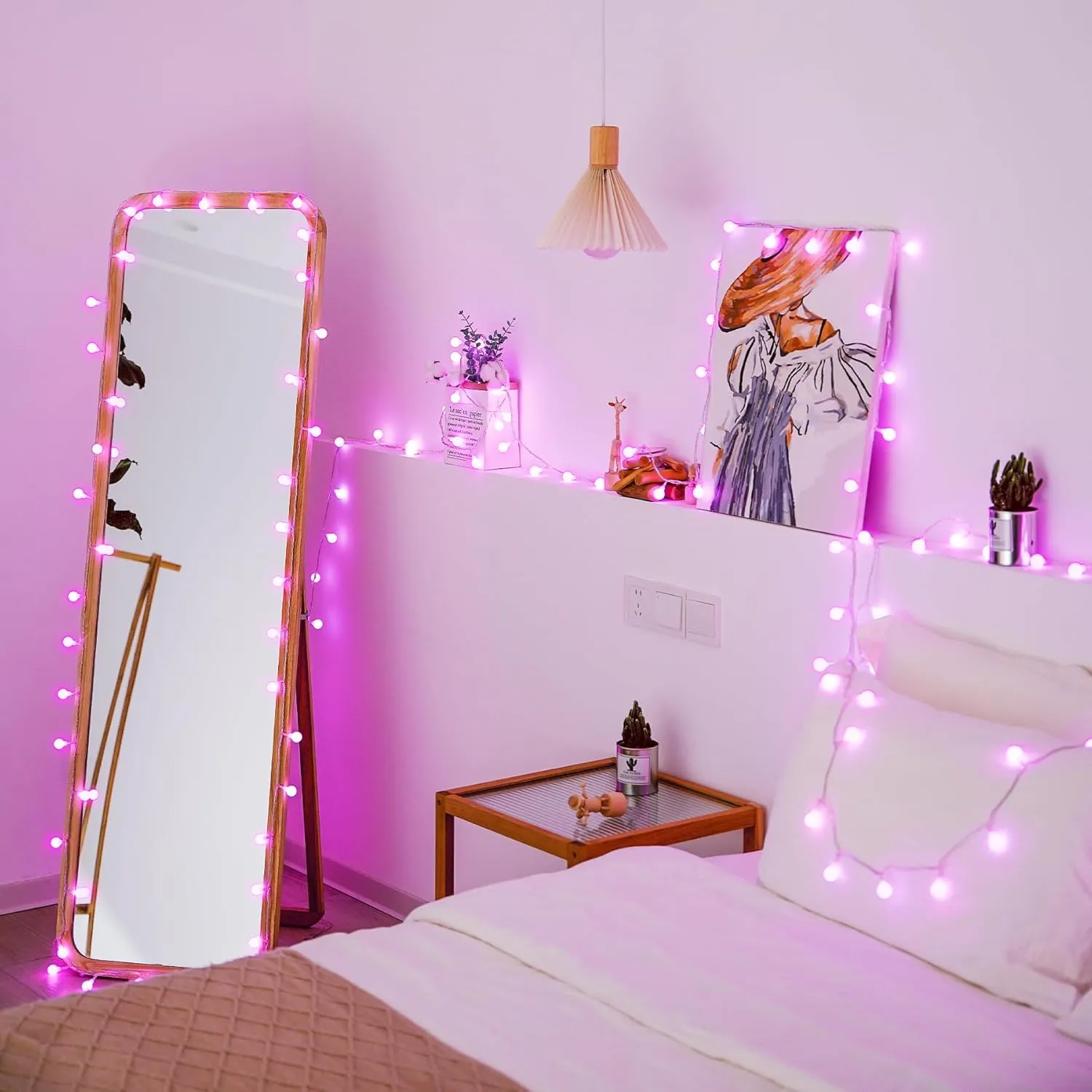 JMEXSUSS 100 LED Pink String Lights for Bedroom, Connectable Globe String Lights Indoor Plug in, 8 Modes 33ft Pink Christmas Fairy Light Withe Remote for Girl's Room, Valentines, Party Decoration