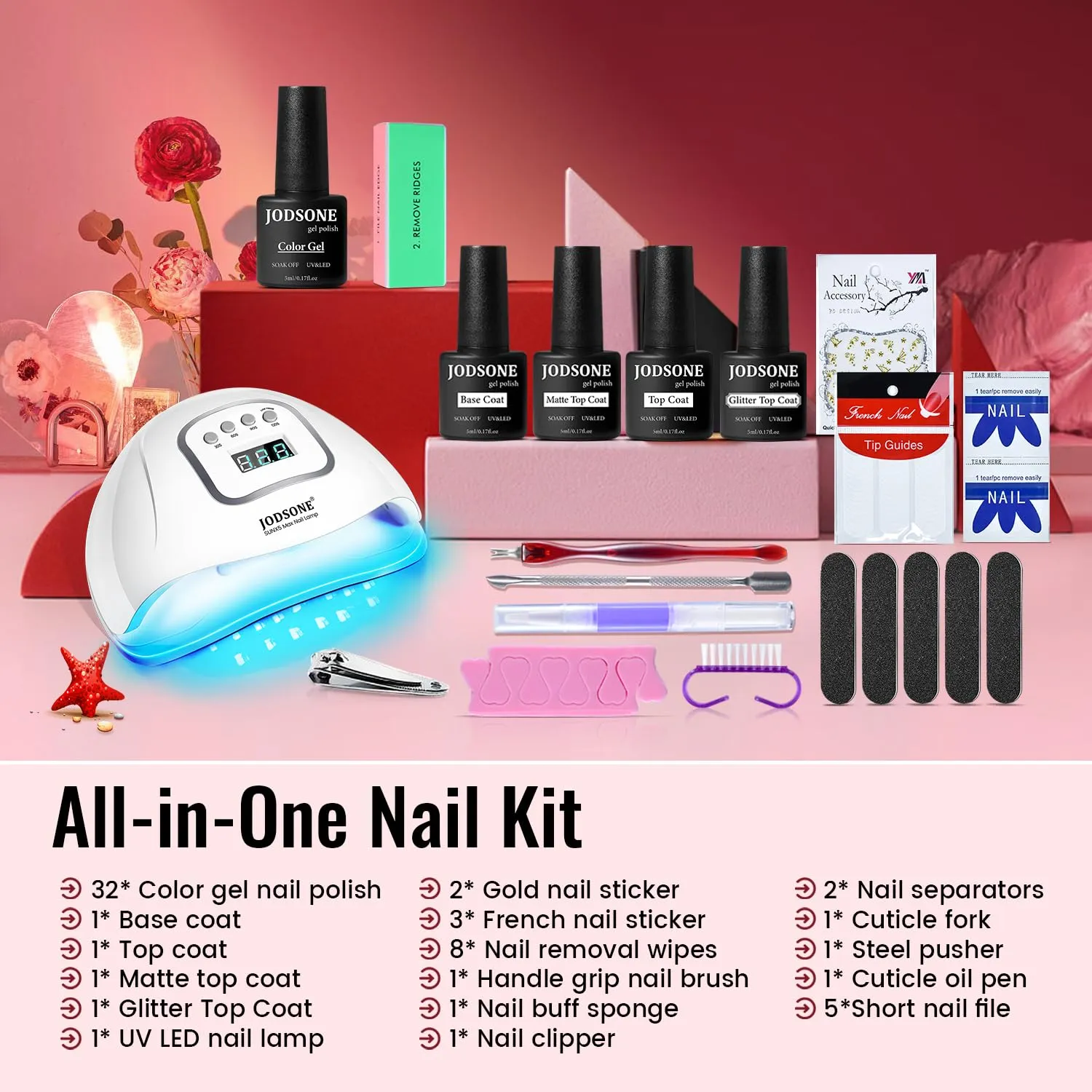 JODSONE Gel Nail Polish Kit with U V Light 32 Colors Gel Polish Nail   4 Functional Adhesive Bottles Kit Soak Off Manicure Tools Gifts for Women