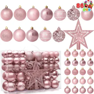 JOIEDOMI 86 Pcs Assorted Rose Gold Christmas Ball Ornaments Set, Multi-Sized Christmas Tree Ornaments, Xmas Shatterproof Hanging Decorations for Tree, Banister, Holiday Wreath Garland, Party Supplies