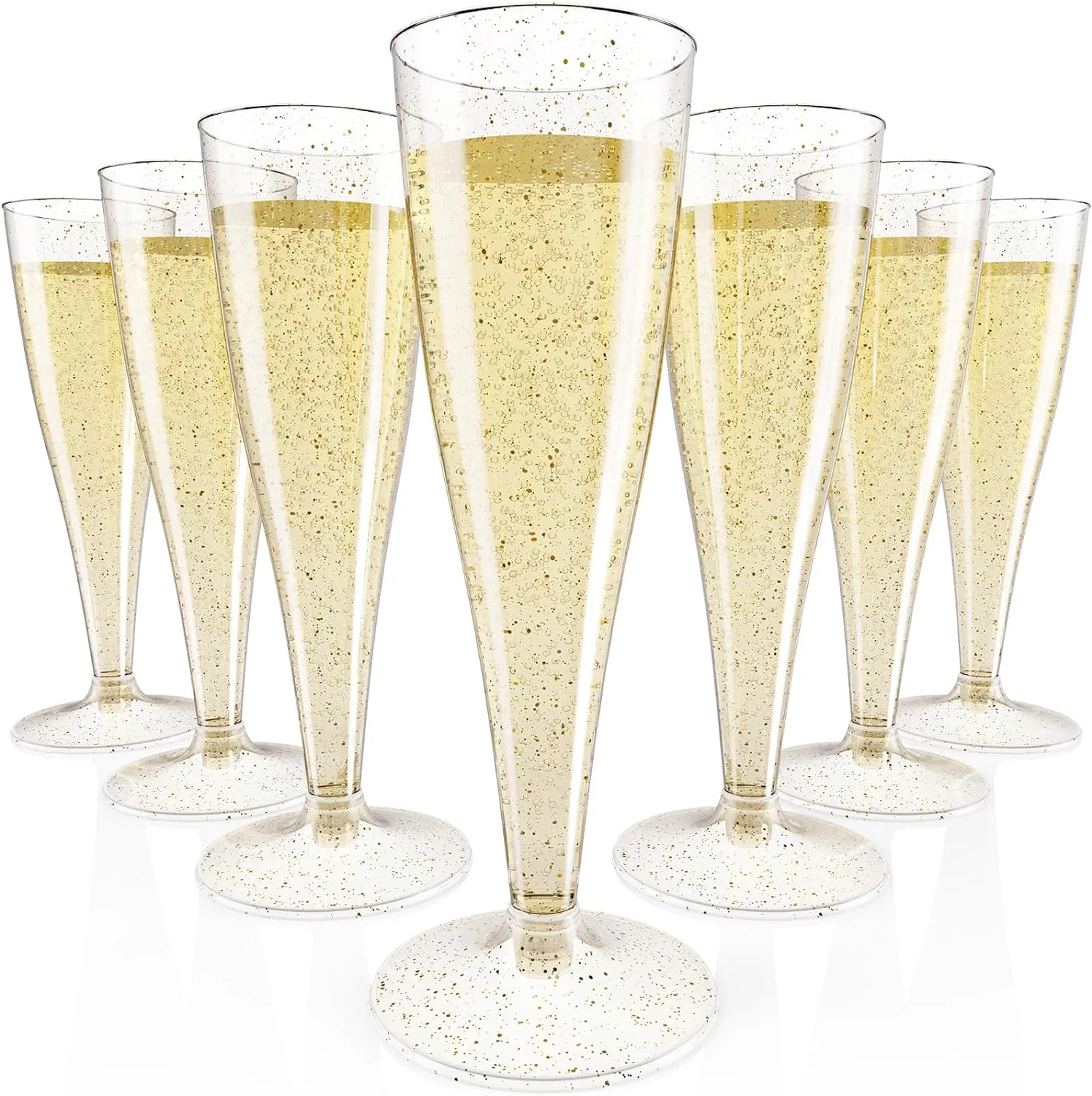 JOLLY CHEF 100 Pack Plastic Champagne Flutes Disposable 4.5 oz Gold Glitter Plastic Champagne Glasses Perfect for Wedding, Thanksgiving Day, Christmas