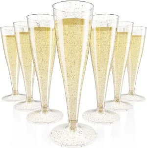 JOLLY CHEF 100 Pack Plastic Champagne Flutes Disposable 4.5 oz Gold Glitter Plastic Champagne Glasses Perfect for Wedding, Thanksgiving Day, Christmas