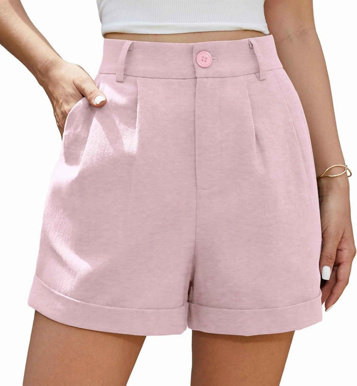 Jouica Womens Summer High Waist Linen Shorts Roll Up Pleated Zippered Wrap Hem Wide Leg Shorts with Pockets