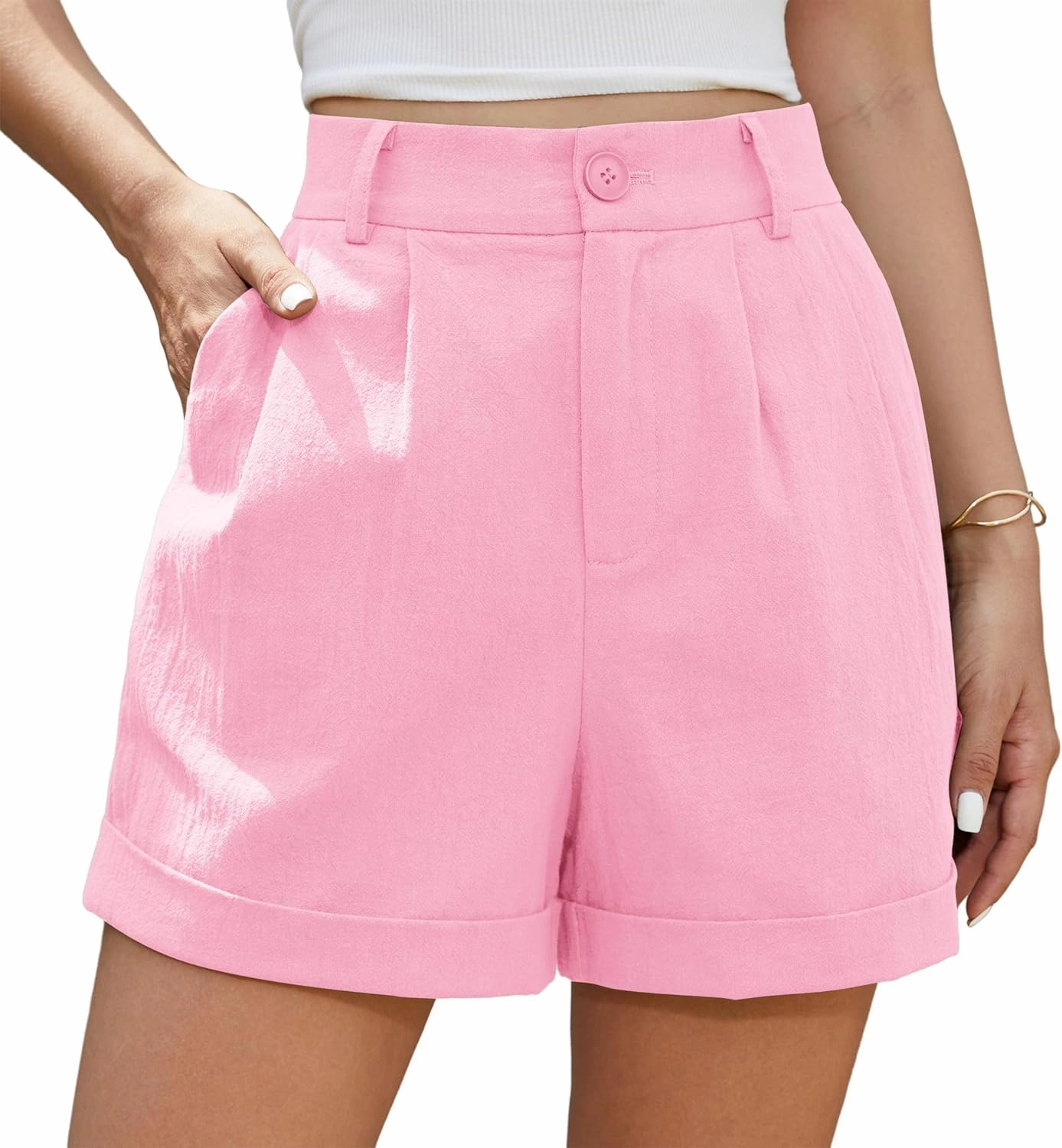 Jouica Womens Summer High Waist Linen Shorts Roll Up Pleated Zippered Wrap Hem Wide Leg Shorts with Pockets