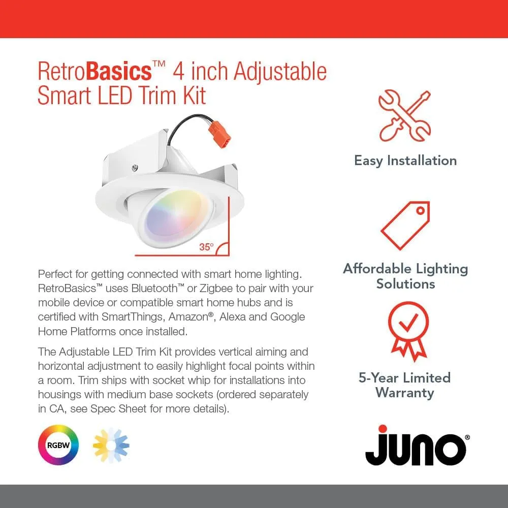 Juno RB4AC RGBW MW M6 RetroBasic Connect Adjustable LED Downlight, Dynamic Color Red, Green, Blue, White, Includes E26 Socket Adaptor, Matte White, 4-Inch