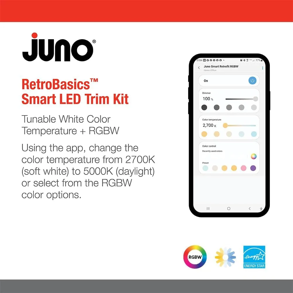 Juno RB4AC RGBW MW M6 RetroBasic Connect Adjustable LED Downlight, Dynamic Color Red, Green, Blue, White, Includes E26 Socket Adaptor, Matte White, 4-Inch
