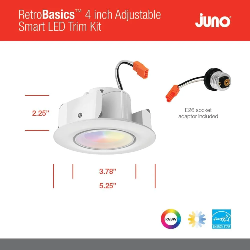 Juno RB4AC RGBW MW M6 RetroBasic Connect Adjustable LED Downlight, Dynamic Color Red, Green, Blue, White, Includes E26 Socket Adaptor, Matte White, 4-Inch