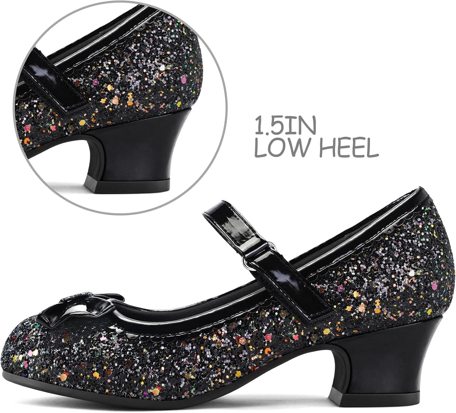 K KomForme Girl's Dress Shoes Mary Jane Glitter 1.5 in Low Heel Wedding Party Princess Shoes for Toddler/Little/Big Kids