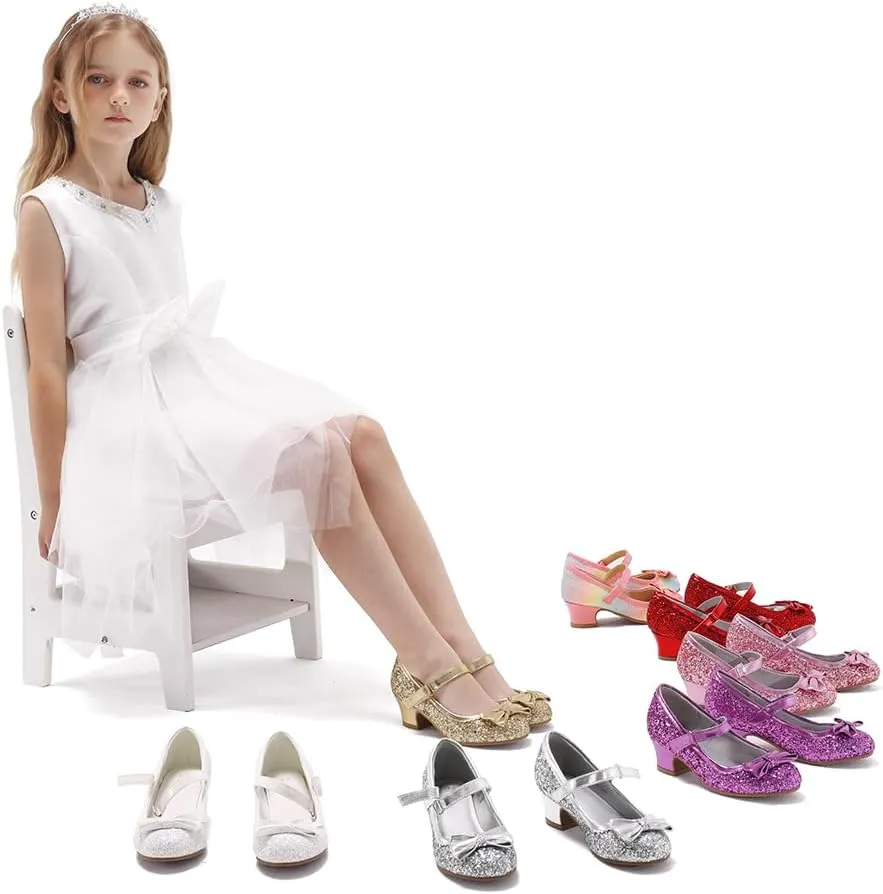 K KomForme Girl's Dress Shoes Mary Jane Glitter 1.5 in Low Heel Wedding Party Princess Shoes for Toddler/Little/Big Kids