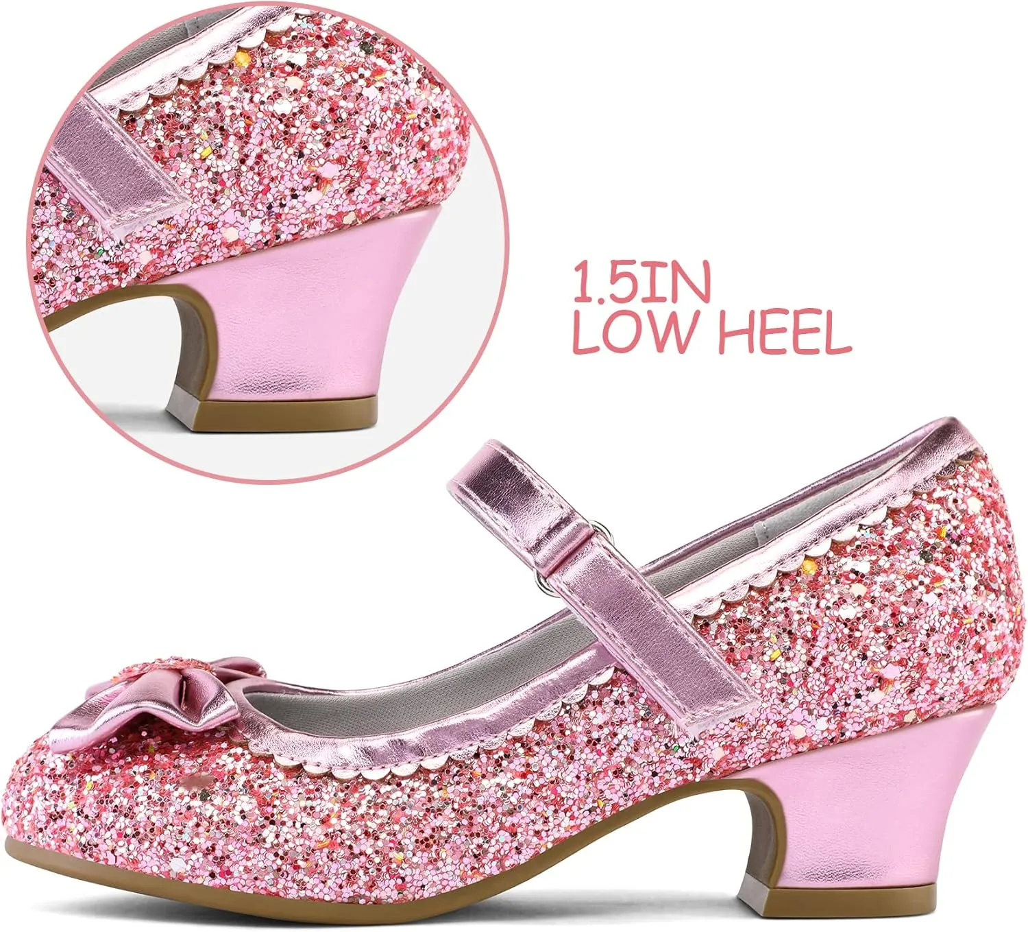 K KomForme Girl's Dress Shoes Mary Jane Glitter 1.5 in Low Heel Wedding Party Princess Shoes for Toddler/Little/Big Kids