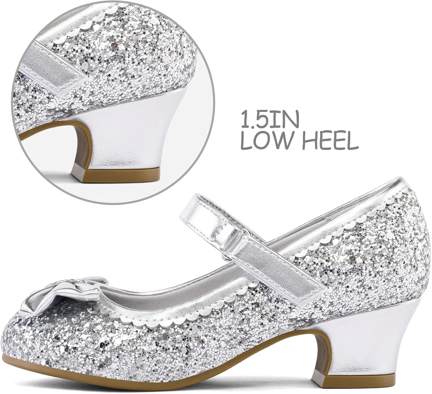 K KomForme Girl's Dress Shoes Mary Jane Glitter 1.5 in Low Heel Wedding Party Princess Shoes for Toddler/Little/Big Kids