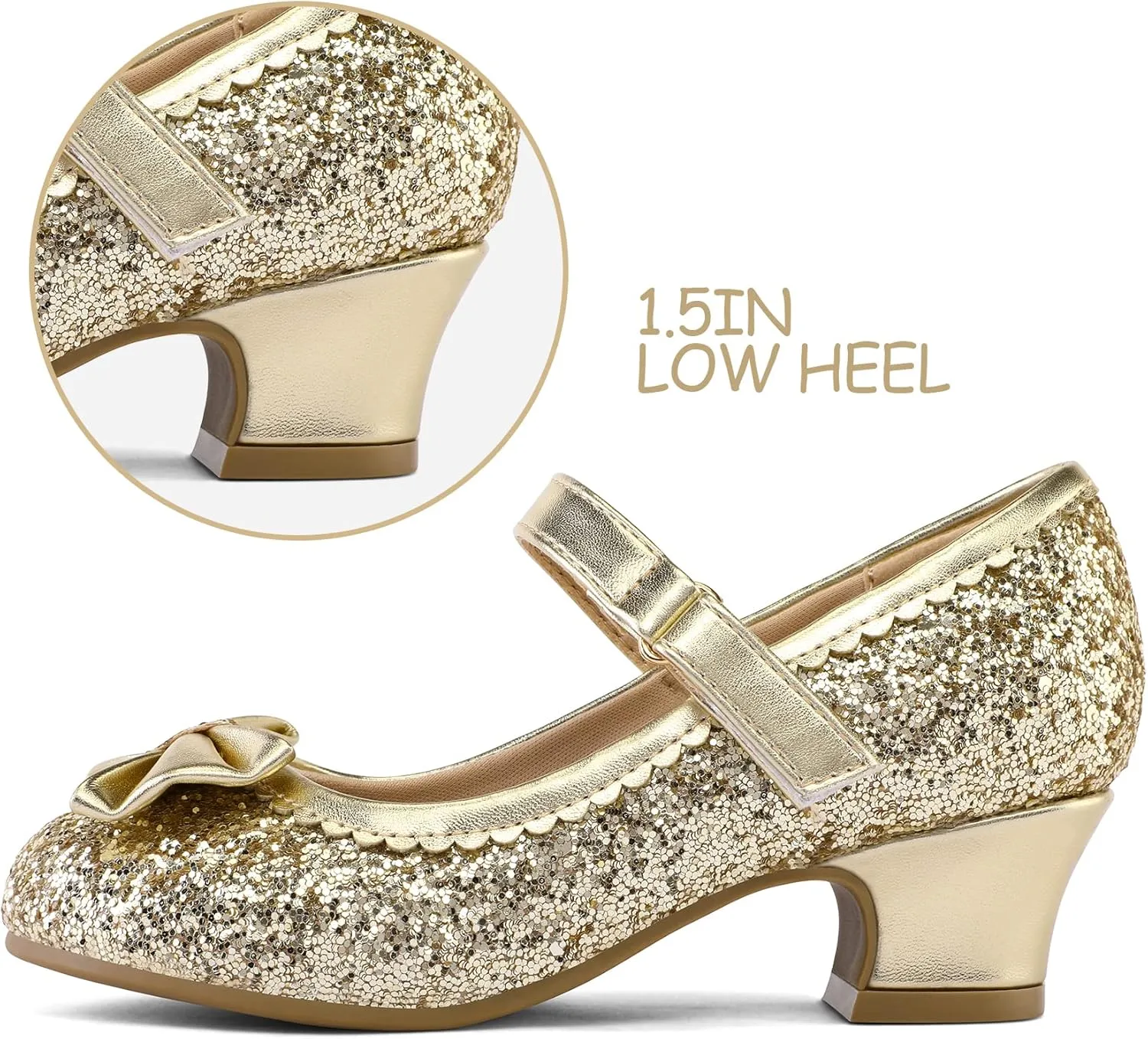 K KomForme Girl's Dress Shoes Mary Jane Glitter 1.5 in Low Heel Wedding Party Princess Shoes for Toddler/Little/Big Kids