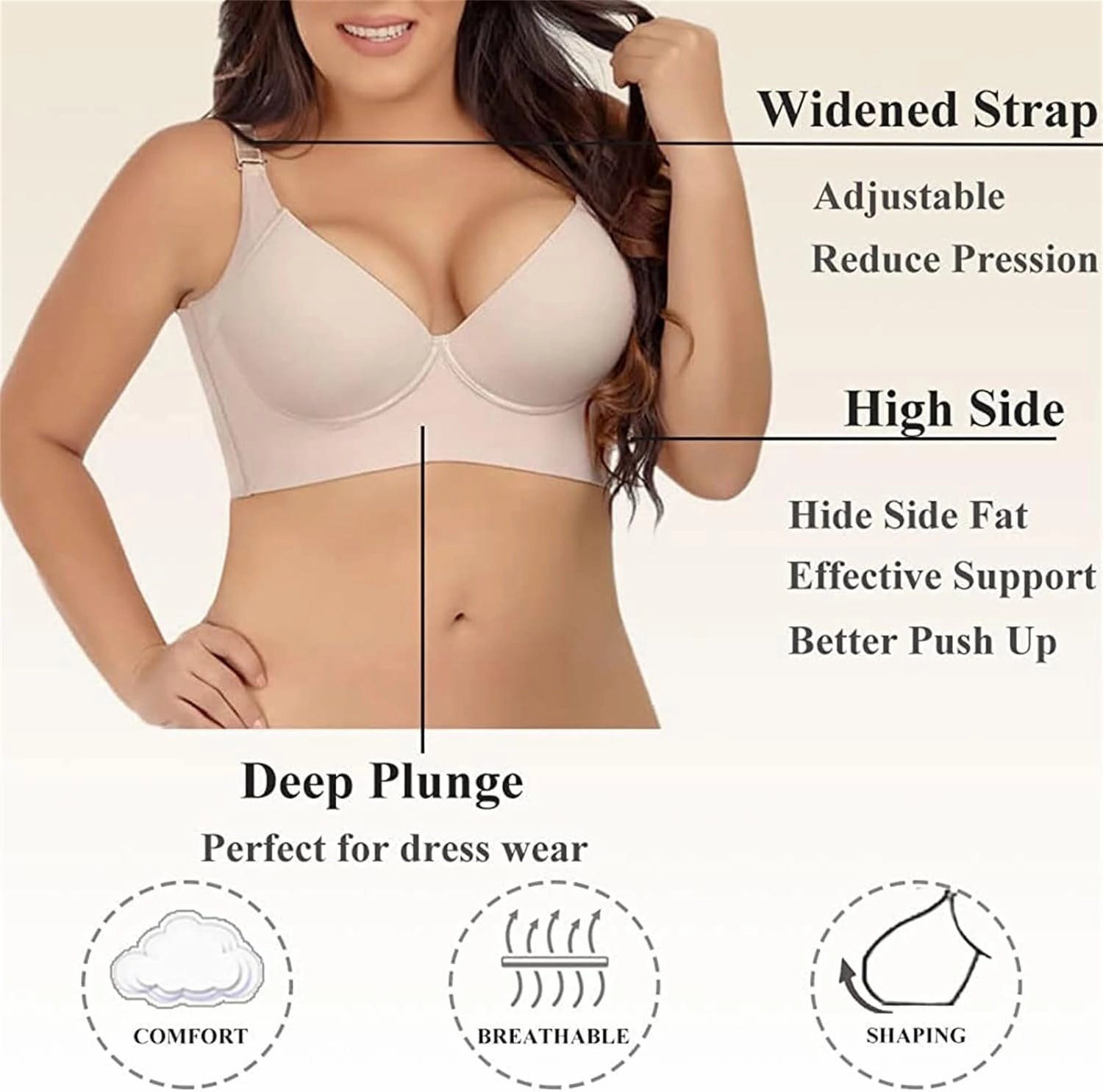 Katchme Womenswear Bra, Modern Plus Size Push Up Bra, Back Smoothing, Seamless Underwire, Black, Size 34-48