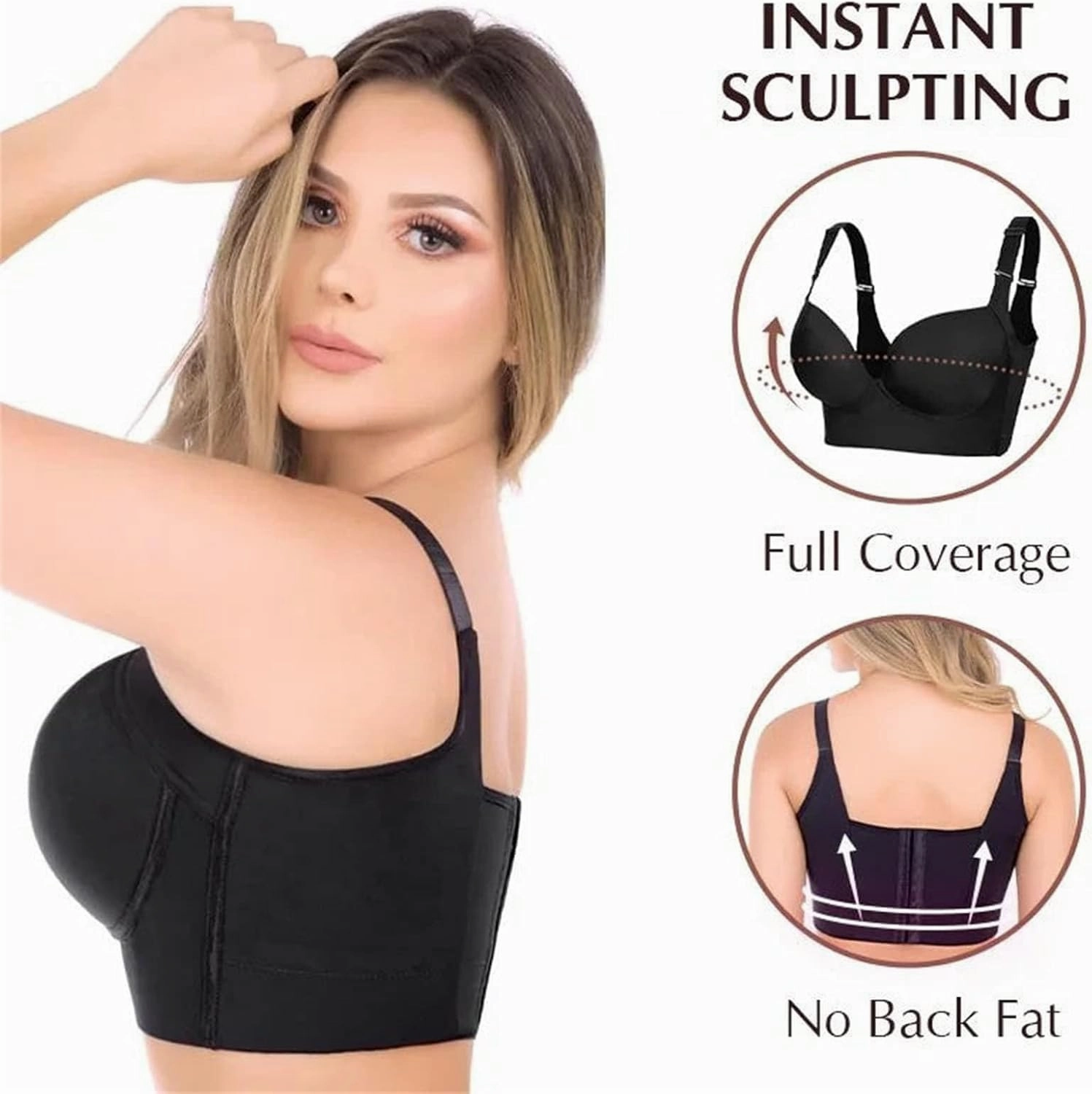 Katchme Womenswear Bra, Modern Plus Size Push Up Bra, Back Smoothing, Seamless Underwire, Black, Size 34-48