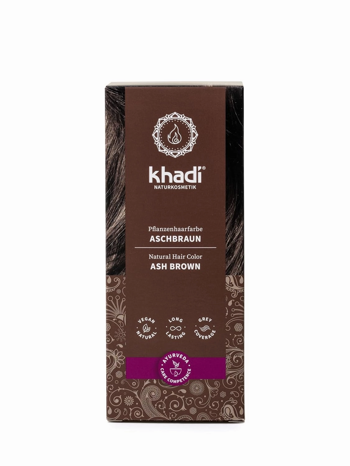 khadi ASH BROWN Natural Hair Color, 3.5oz, Plant based hair dye for matte, medium ash brown to intense coffee brown – without red undertones, 100% herbal, vegan, PPD & chemical free, for healthy hair.