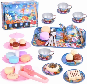 Kids Tea Party Play Toy Set, FUQUN 42Pcs Boy Tea Time Toy Including Dessert Cookies Doughnut Teapot Tray Cake Kids Kitchen Pretend Play for Girls Boys Age 3-6 Little Girl Tea Set