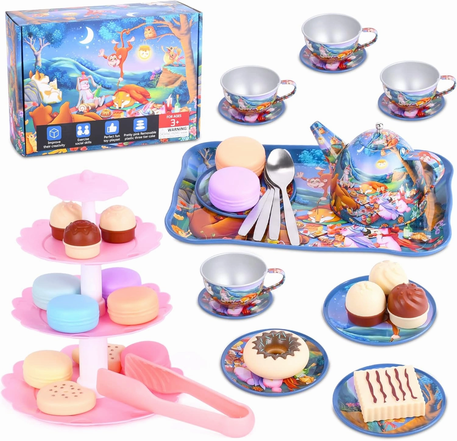 Kids Tea Party Play Toy Set, FUQUN 42Pcs Boy Tea Time Toy Including Dessert Cookies Doughnut Teapot Tray Cake Kids Kitchen Pretend Play for Girls Boys Age 3-6 Little Girl Tea Set