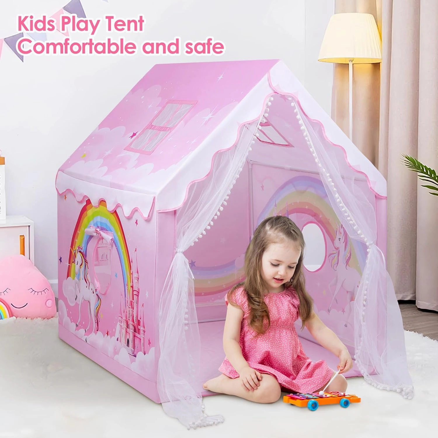 Kids Tent Pink Princess Tent for Girls, Large and Foldable Kids Playhouse with Windows, Portable and Lightweight Play Tent Indoor &Outdoor for Gift to Toddlers