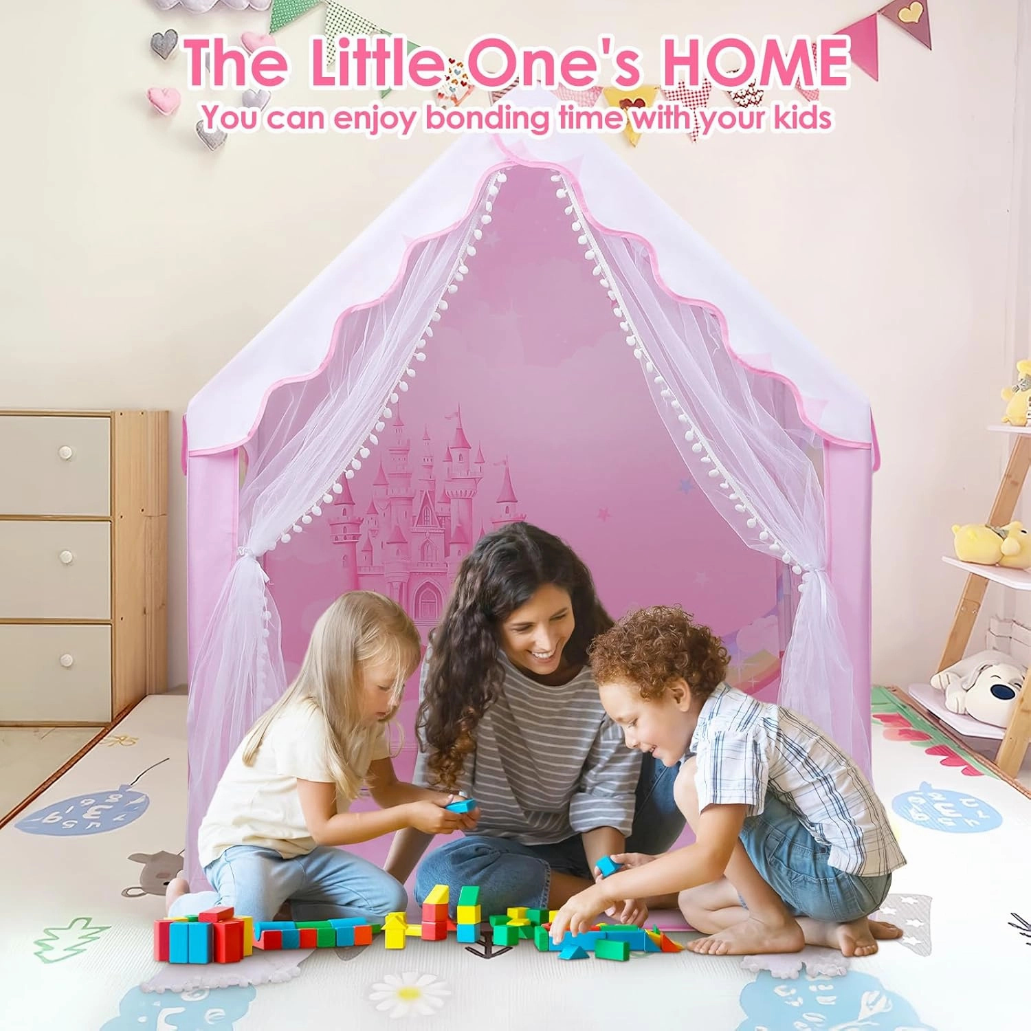 Kids Tent Pink Princess Tent for Girls, Large and Foldable Kids Playhouse with Windows, Portable and Lightweight Play Tent Indoor &Outdoor for Gift to Toddlers