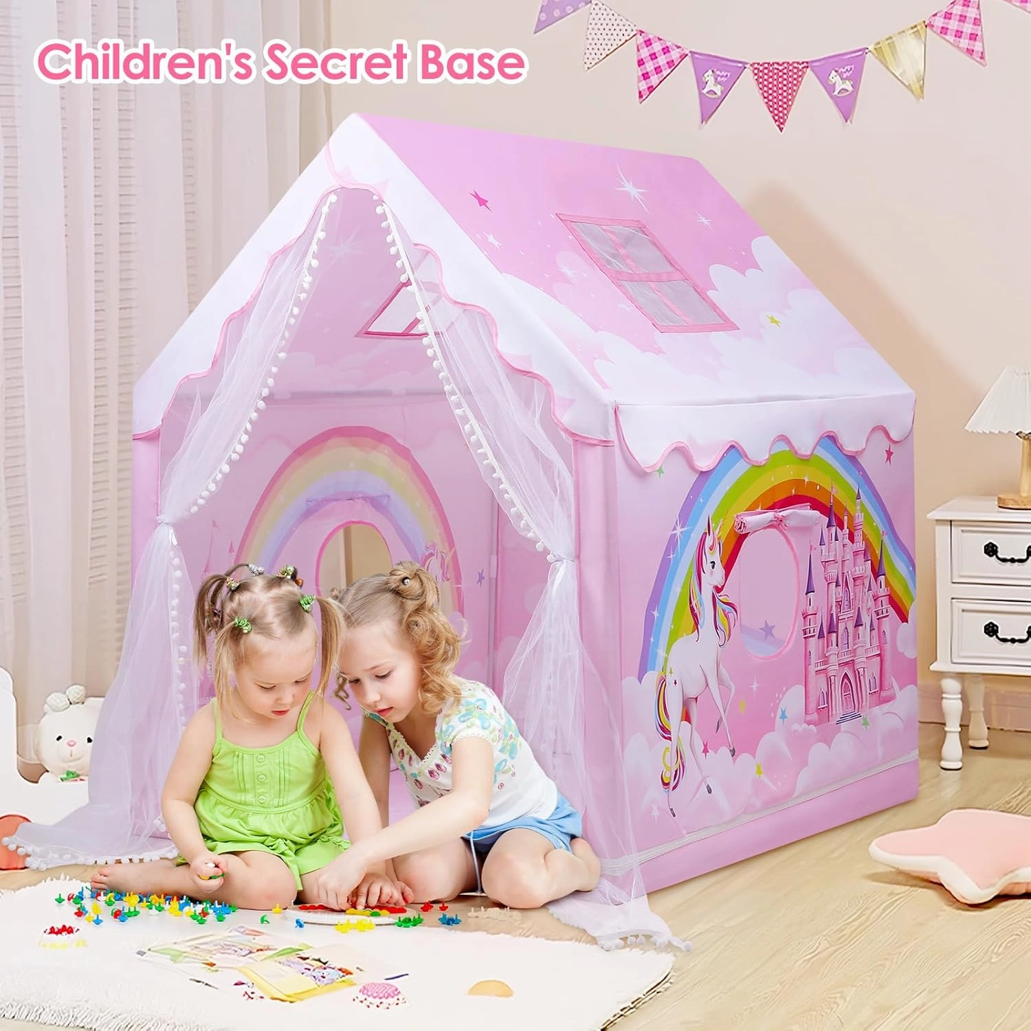 Kids Tent Pink Princess Tent for Girls, Large and Foldable Kids Playhouse with Windows, Portable and Lightweight Play Tent Indoor &Outdoor for Gift to Toddlers