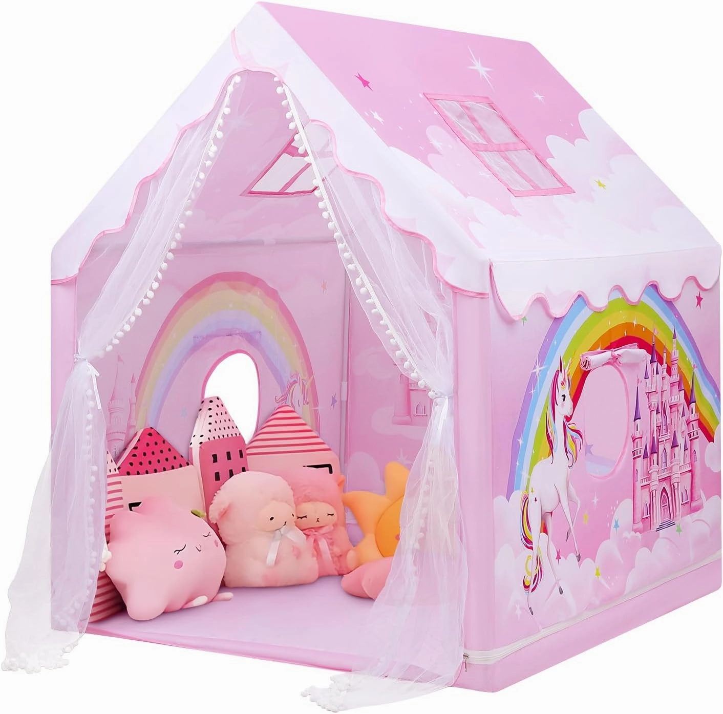 Kids Tent Pink Princess Tent for Girls, Large and Foldable Kids Playhouse with Windows, Portable and Lightweight Play Tent Indoor &Outdoor for Gift to Toddlers