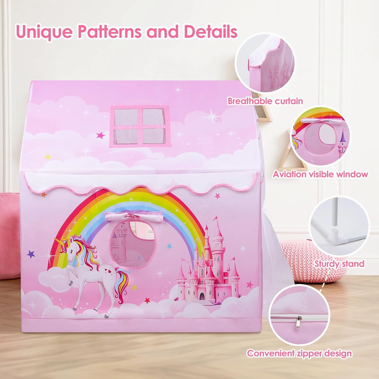 Kids Tent Pink Princess Tent for Girls, Large and Foldable Kids Playhouse with Windows, Portable and Lightweight Play Tent Indoor &Outdoor for Gift to Toddlers