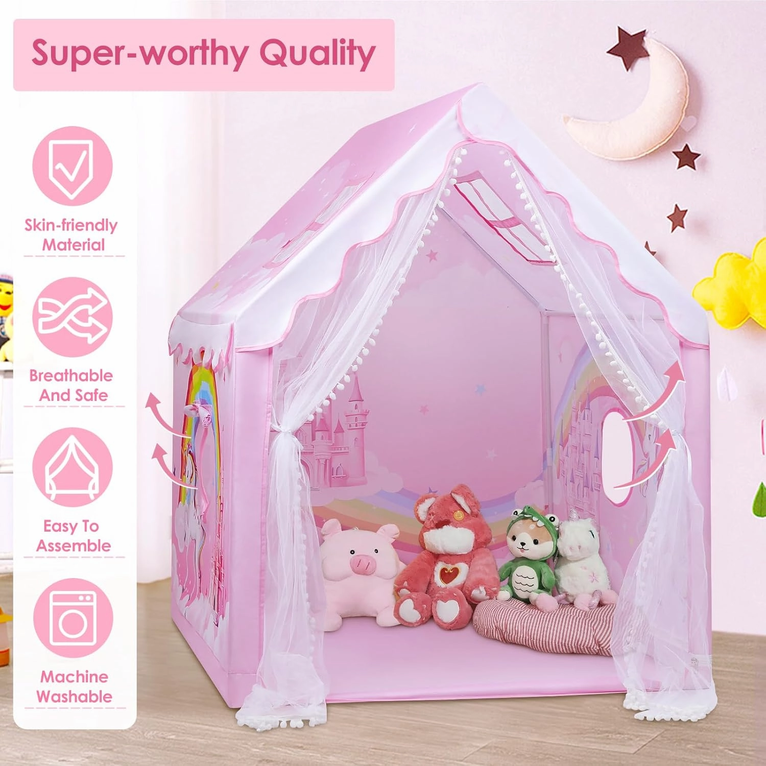 Kids Tent Pink Princess Tent for Girls, Large and Foldable Kids Playhouse with Windows, Portable and Lightweight Play Tent Indoor &Outdoor for Gift to Toddlers