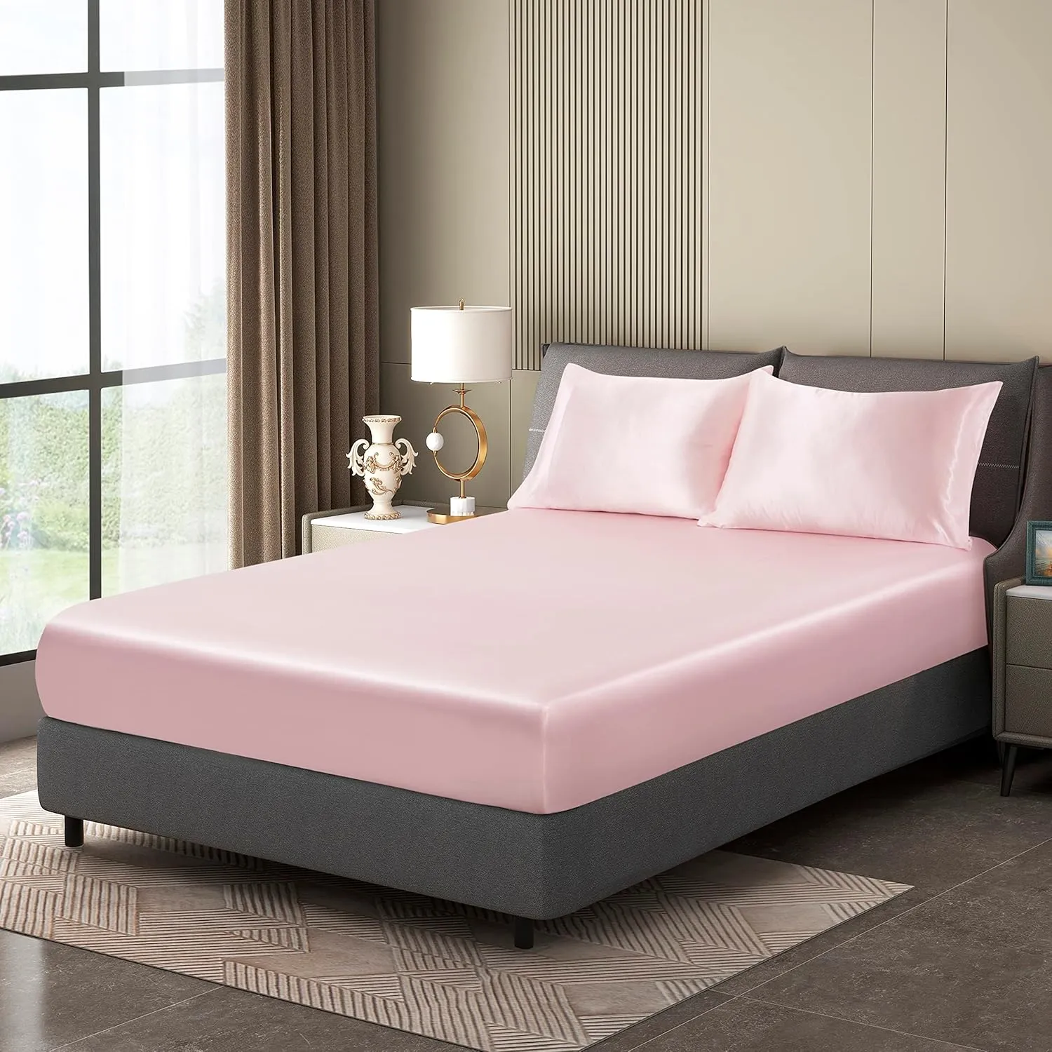 King Size Satin Fitted Sheet, Silky and Breathable Luxury Deep Pockets Fitted Sheet Only, Blush Pink