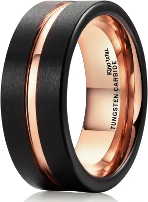 King Will Mens Grooved Tungsten Ring - Black/Silver 6mm/7mm/8mm Wedding Band, Thin Blue/Red/Purple/Rose Gold/Green/Orange/Pink Centre Groove, Matte Brushed Finish Beveled Edge, Comfort Fit Size 4-16