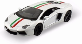 KiNSMART Lamborghini Aventador LP700-4 Die Cast Model Cars, 1:38 Scale, Set of 4, Pull Back Action, Red Yellow Grey White with Race Strips