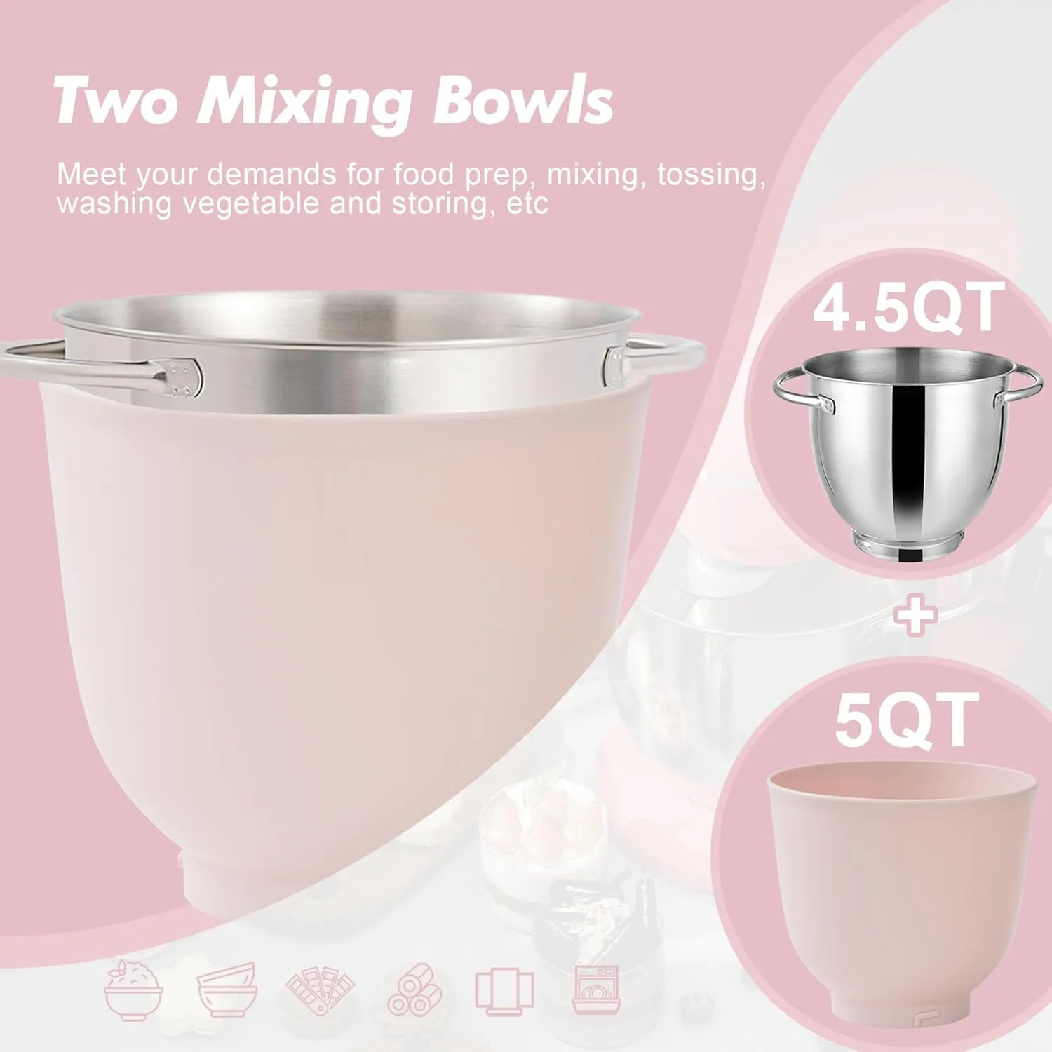 Kitchen in the box Stand Mixer, 4.5QT 5QT Two bowls Electric Food Mixer, 10 Speeds 3-IN-1 Kitchen Mixer for Daily Use with Egg Whisk,Dough Hook,Flat Beater (Rose Pink, 5QT)