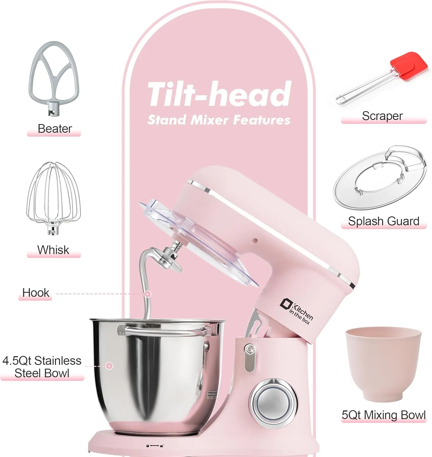 Kitchen in the box Stand Mixer, 4.5QT 5QT Two bowls Electric Food Mixer, 10 Speeds 3-IN-1 Kitchen Mixer for Daily Use with Egg Whisk,Dough Hook,Flat Beater (Rose Pink, 5QT)