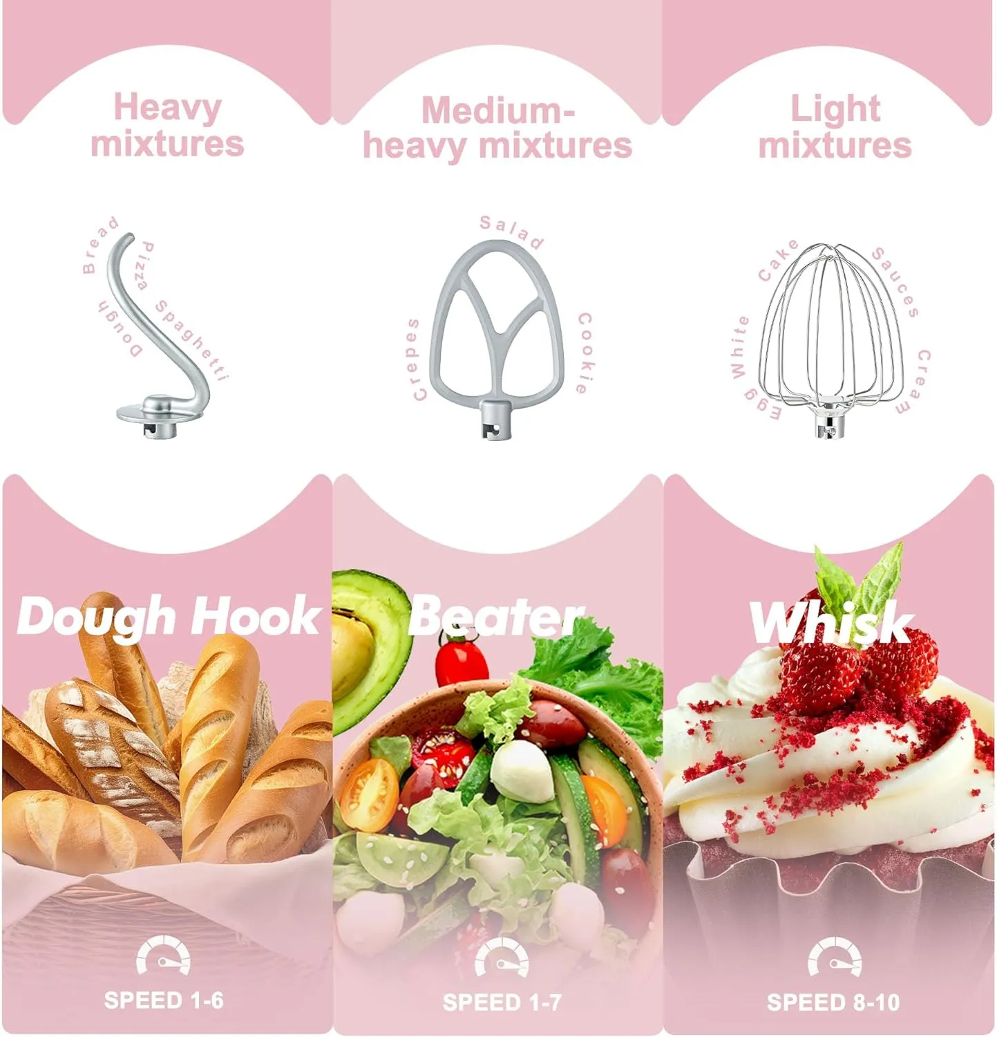 Kitchen in the box Stand Mixer, 4.5QT 5QT Two bowls Electric Food Mixer, 10 Speeds 3-IN-1 Kitchen Mixer for Daily Use with Egg Whisk,Dough Hook,Flat Beater (Rose Pink, 5QT)