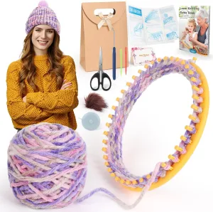 Knitting Loom Kit with Instruction, Round Loom and Colorful Yarn for Beginners, 11.4 Inch Round Loom Kit for Making Winter Hat, DIY, Weaving, Learning & Teaching(Multi-Purple)