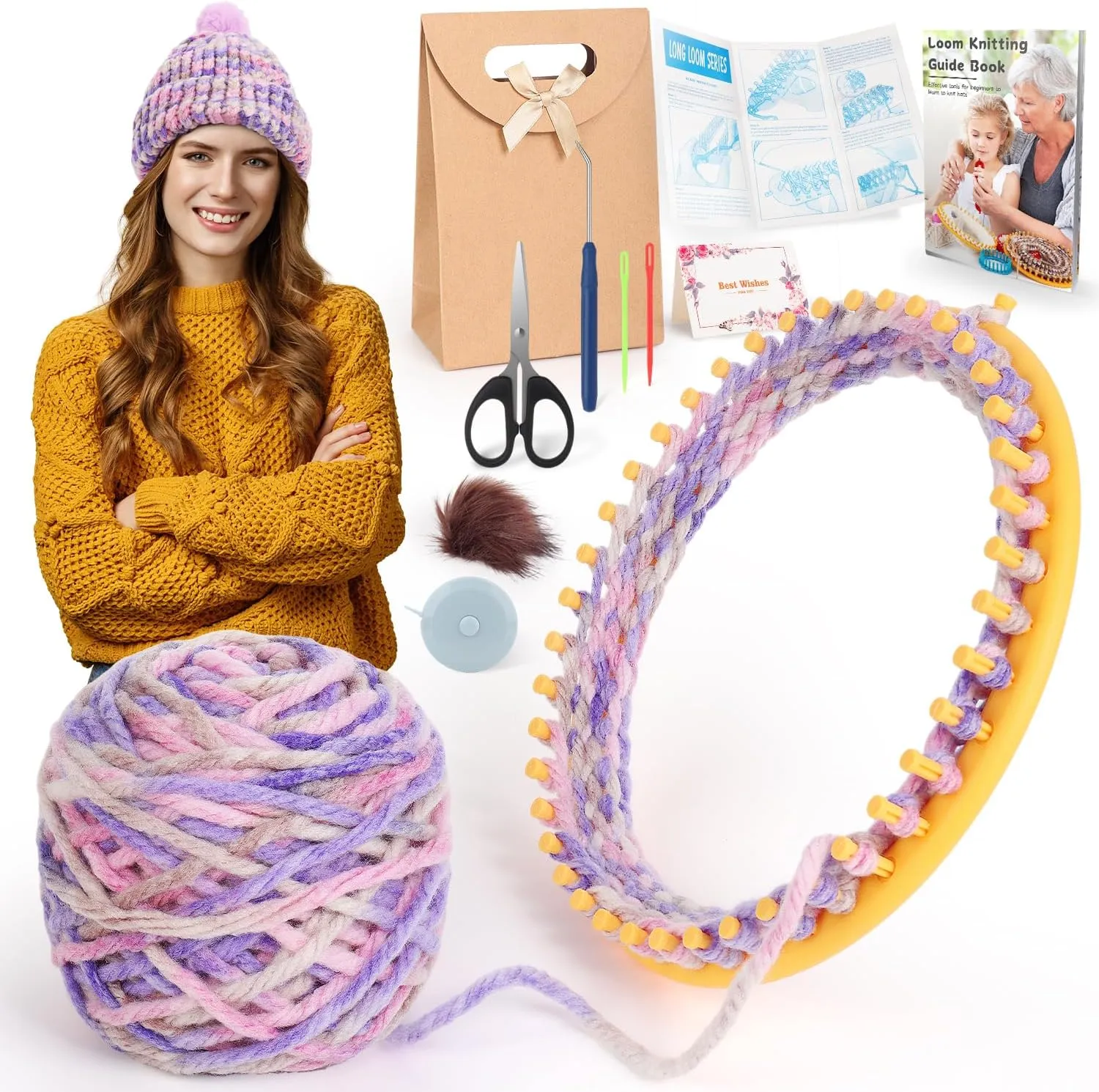Knitting Loom Kit with Instruction, Round Loom and Colorful Yarn for Beginners, 11.4 Inch Round Loom Kit for Making Winter Hat, DIY, Weaving, Learning & Teaching(Multi-Purple)