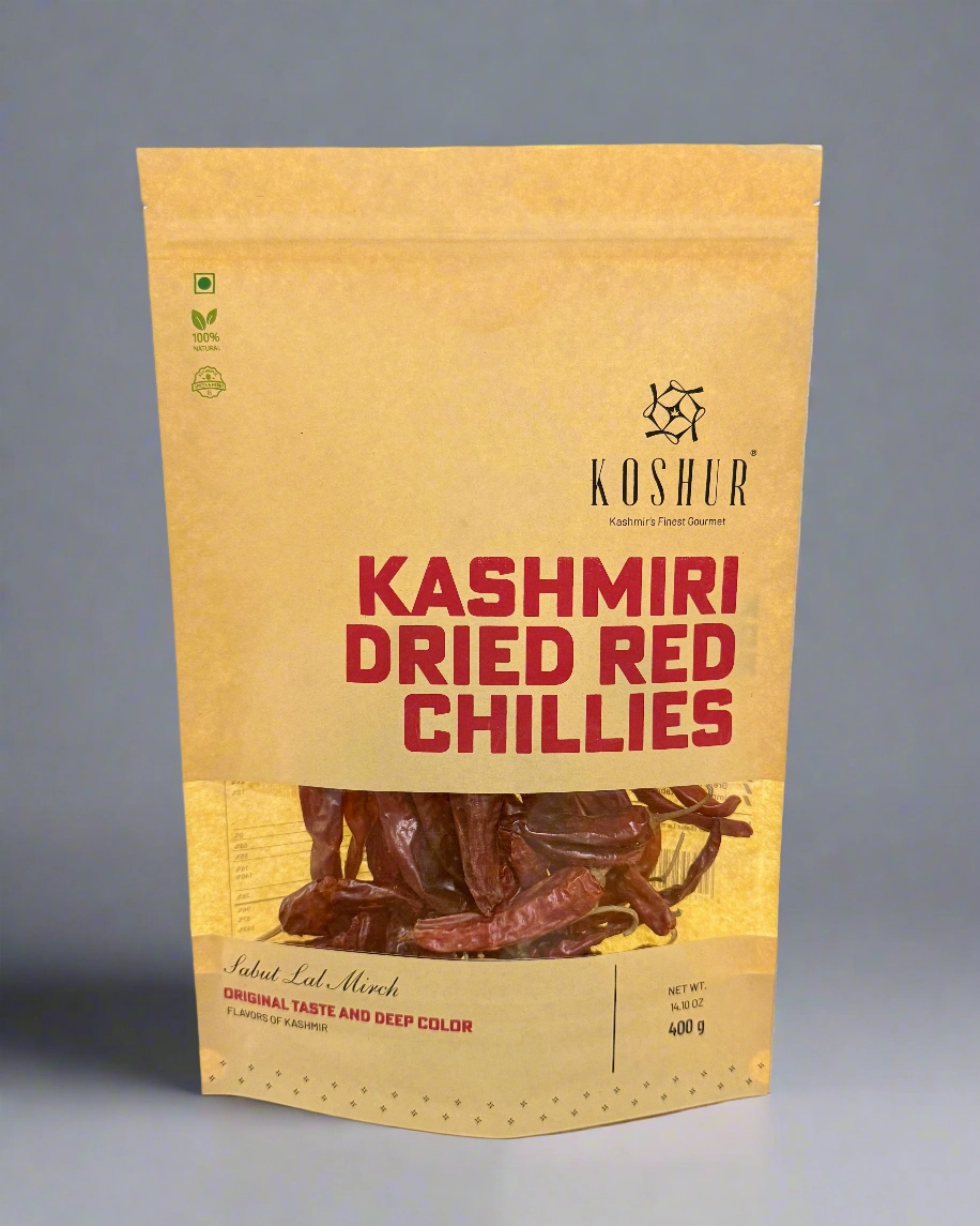 Koshur - Kashmiri Dried Red Chillies| Sabut Lal Mirch | Spices and Herbs | Whole Dried Chillies | No Added Flavors and Colors | Sun Dried Fresh Red Chillies