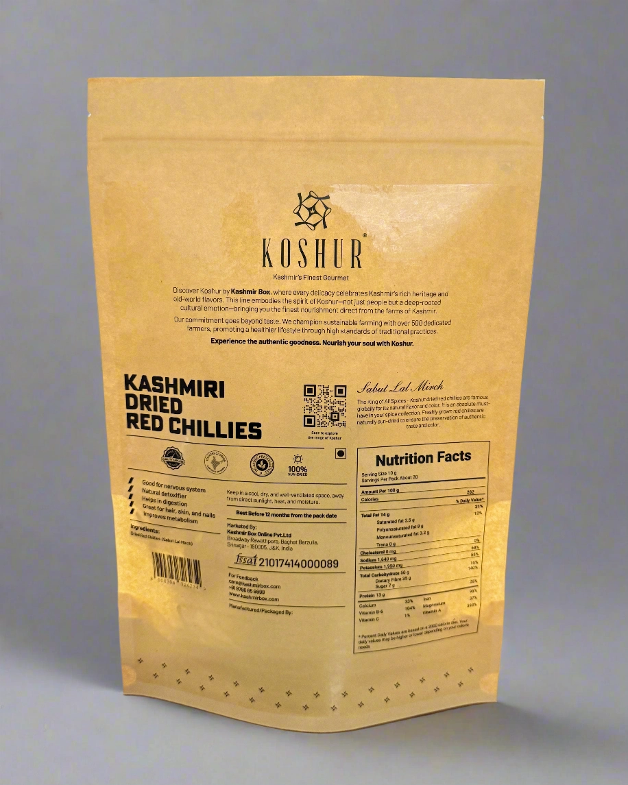 Koshur - Kashmiri Dried Red Chillies| Sabut Lal Mirch | Spices and Herbs | Whole Dried Chillies | No Added Flavors and Colors | Sun Dried Fresh Red Chillies