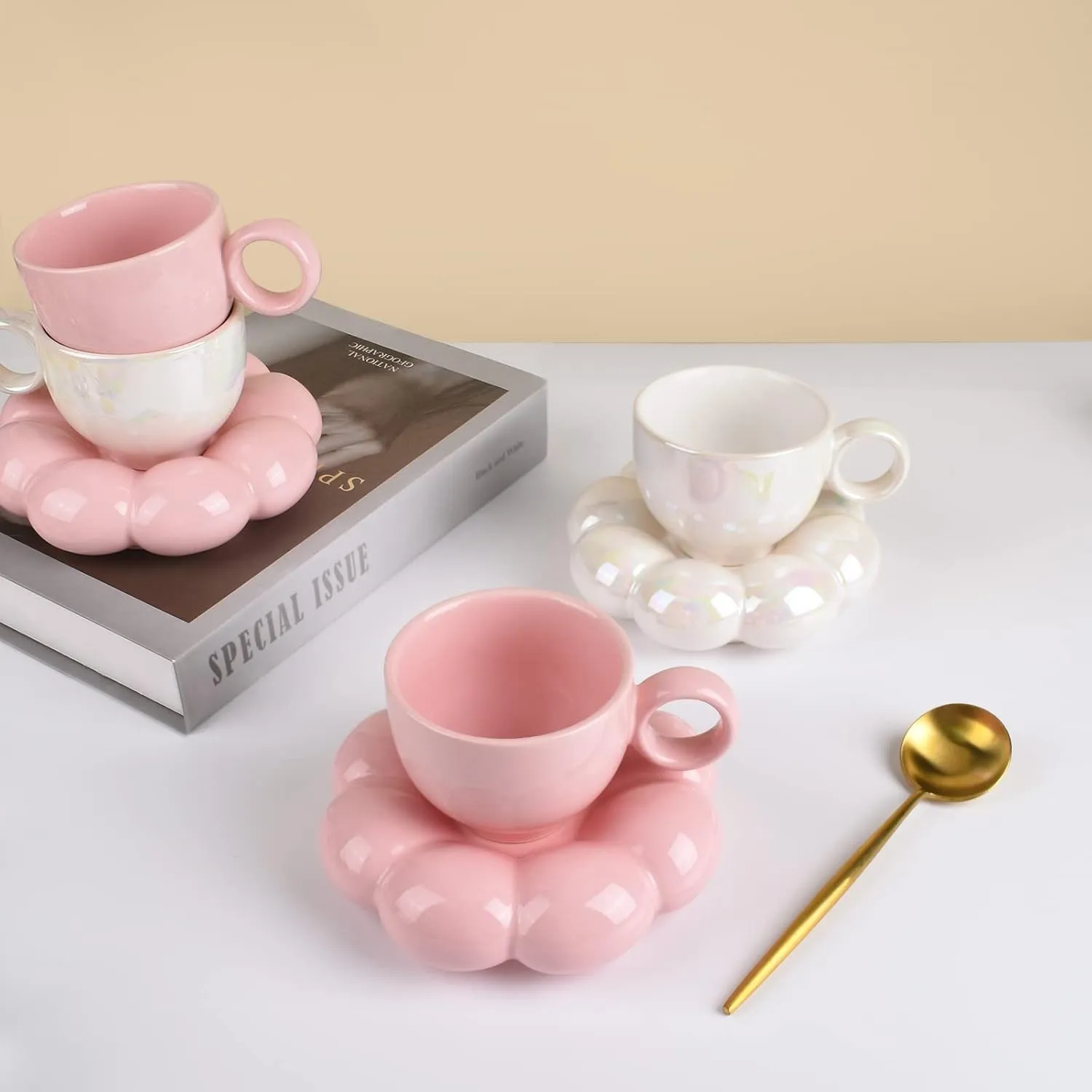 Koythin Ceramic Coffee Mug with Saucer Set, Creative Cute Cup with Sunflower Coaster for Office and Home, 6.5 oz/200 ml for Tea Latte Milk, Suitable for Mom on Mother's Day (Peach Pink)