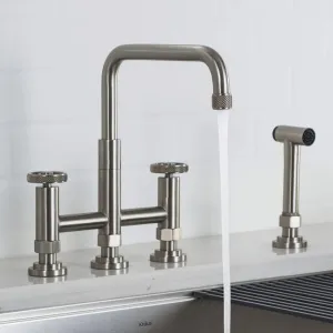 KRAUS Urbix Industrial Bridge Kitchen Faucet with Side Sprayer in Spot Free Stainless Steel, KPF-3125SFS