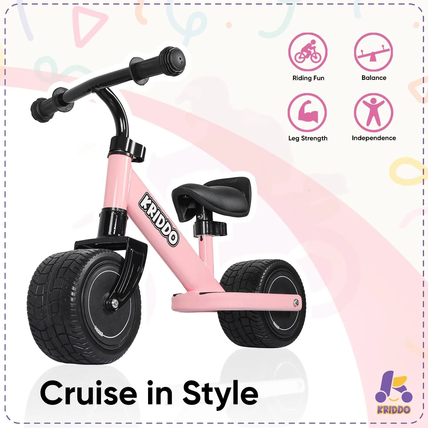 KRIDDO Baby Balance Bike Mini Cruiser Design with Wide PU Wheels for 1-3 Year Olds Ideal First Birthday Gift and Baby Toy, Pink