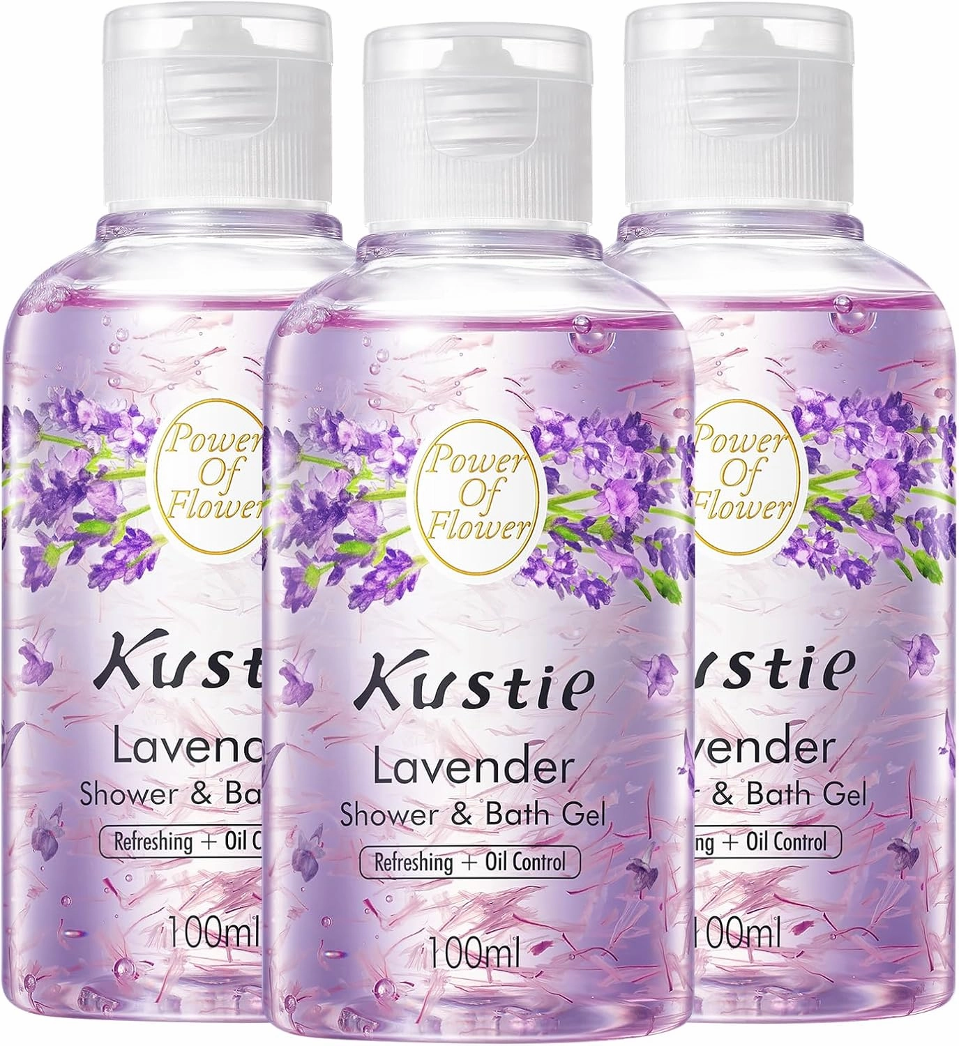 Kustie Sooth Lavender Travel Size Body Wash - Sample Perfume Shower Gel with Squalane & Hyaluronic to Acne, Antioxidant, Hydrate Skin丨Lavender & Tea Tree Oil Add丨Paraben, Phthalate Free丨3.38 fl oz x 3