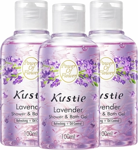 Kustie Sooth Lavender Travel Size Body Wash - Sample Perfume Shower Gel with Squalane & Hyaluronic to Acne, Antioxidant, Hydrate Skin丨Lavender & Tea Tree Oil Add丨Paraben, Phthalate Free丨3.38 fl oz x 3