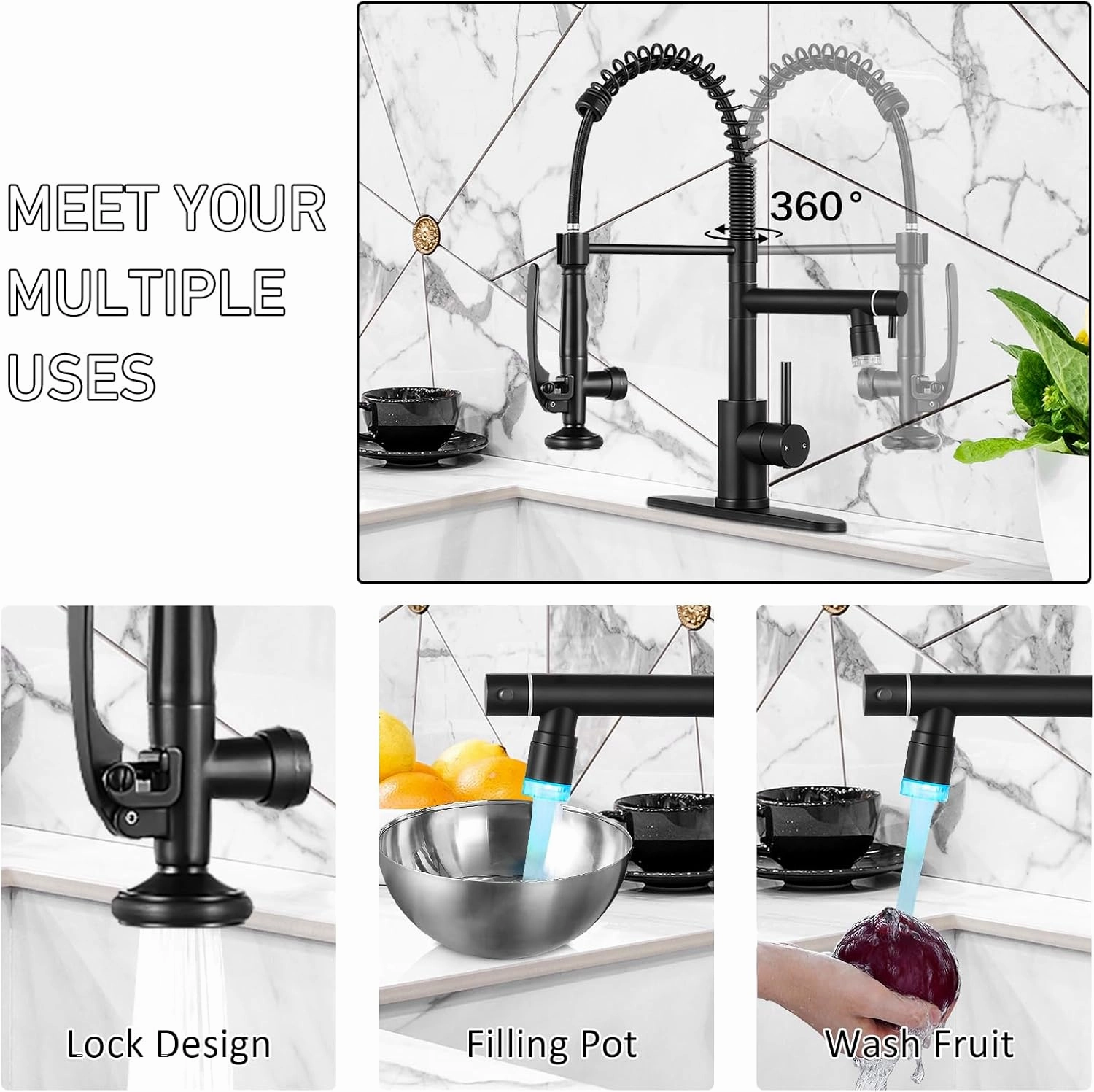 KZH Kitchen Faucet with Single Handle Kitchen Sink Faucet with Pull Down Sprayer Commercial Double-Headed Stainless Steel Kitchen Faucets Sink with LED Light, Deck Plate, Matte Black