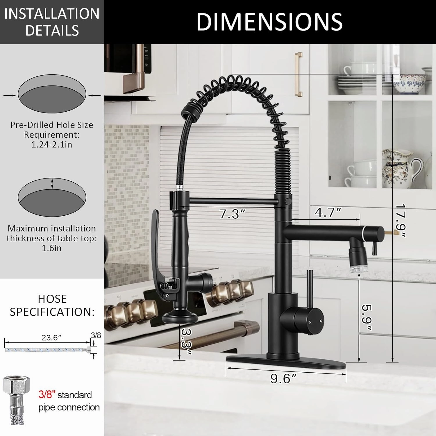 KZH Kitchen Faucet with Single Handle Kitchen Sink Faucet with Pull Down Sprayer Commercial Double-Headed Stainless Steel Kitchen Faucets Sink with LED Light, Deck Plate, Matte Black
