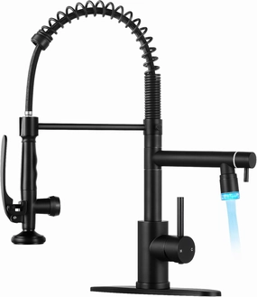 KZH Kitchen Faucet with Single Handle Kitchen Sink Faucet with Pull Down Sprayer Commercial Double-Headed Stainless Steel Kitchen Faucets Sink with LED Light, Deck Plate, Matte Black