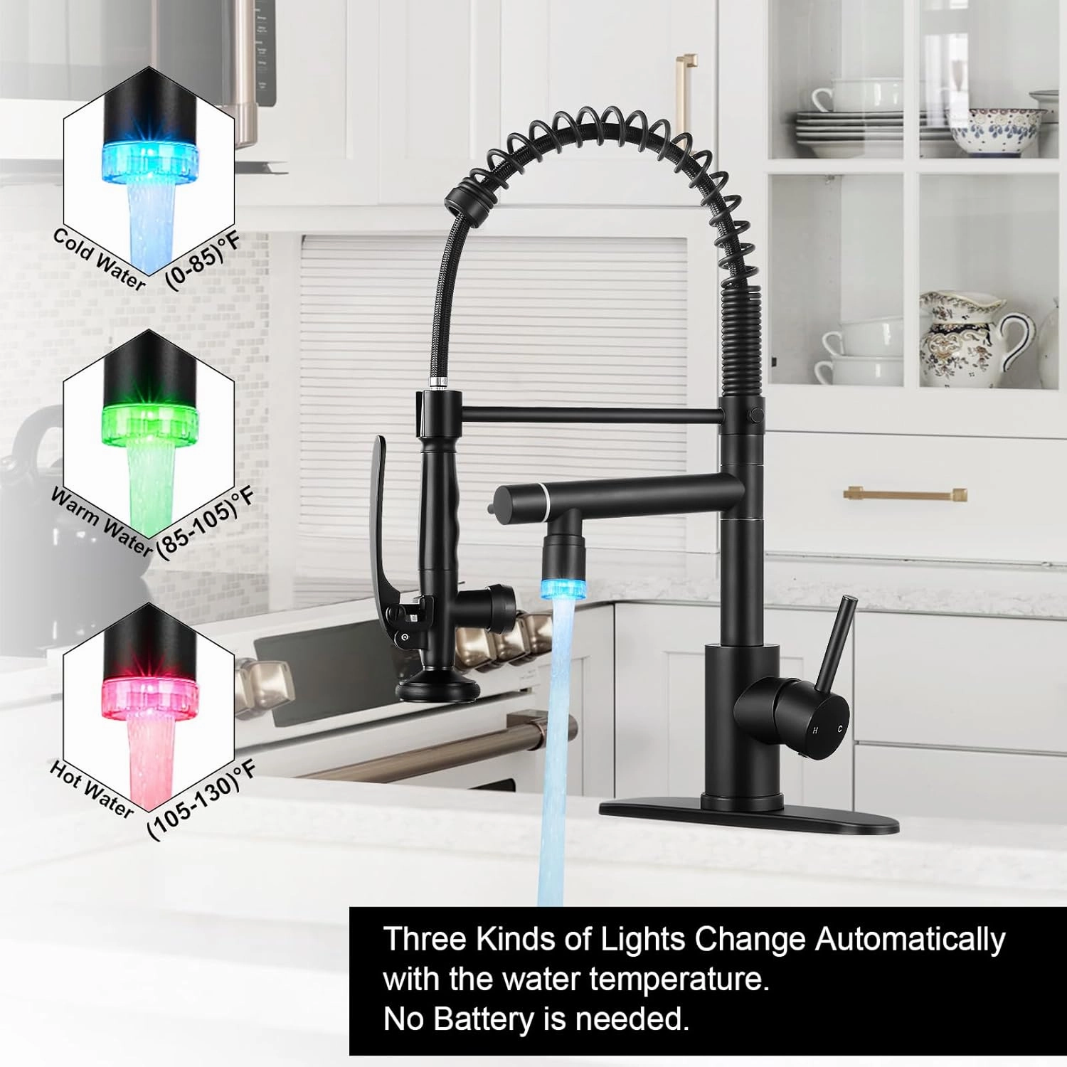 KZH Kitchen Faucet with Single Handle Kitchen Sink Faucet with Pull Down Sprayer Commercial Double-Headed Stainless Steel Kitchen Faucets Sink with LED Light, Deck Plate, Matte Black