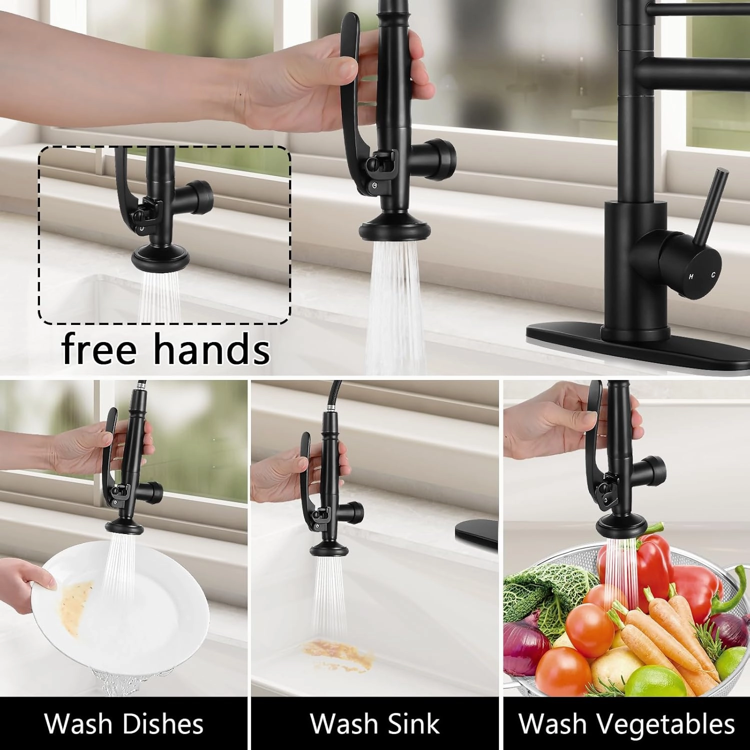 KZH Kitchen Faucet with Single Handle Kitchen Sink Faucet with Pull Down Sprayer Commercial Double-Headed Stainless Steel Kitchen Faucets Sink with LED Light, Deck Plate, Matte Black