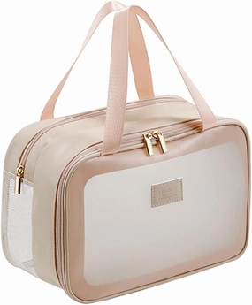 L&FY Large Toiletry Bag, Translucent Leather Makeup Cosmetic Organizer Bag Waterproof With Mesh Pouch For Gym, Workout Swim Beach Shower (Pink, L)