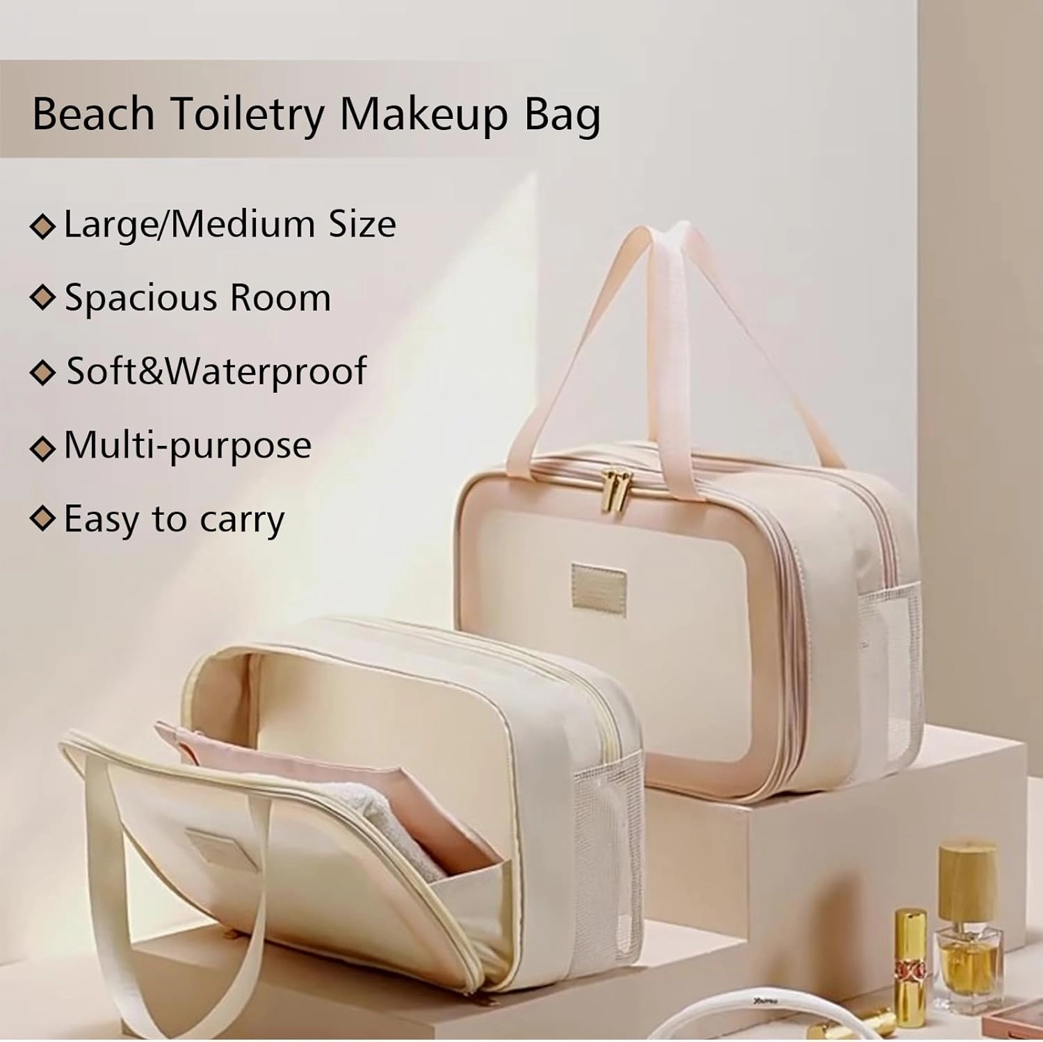 L&FY Large Toiletry Bag, Translucent Leather Makeup Cosmetic Organizer Bag Waterproof With Mesh Pouch For Gym, Workout Swim Beach Shower (Pink, L)