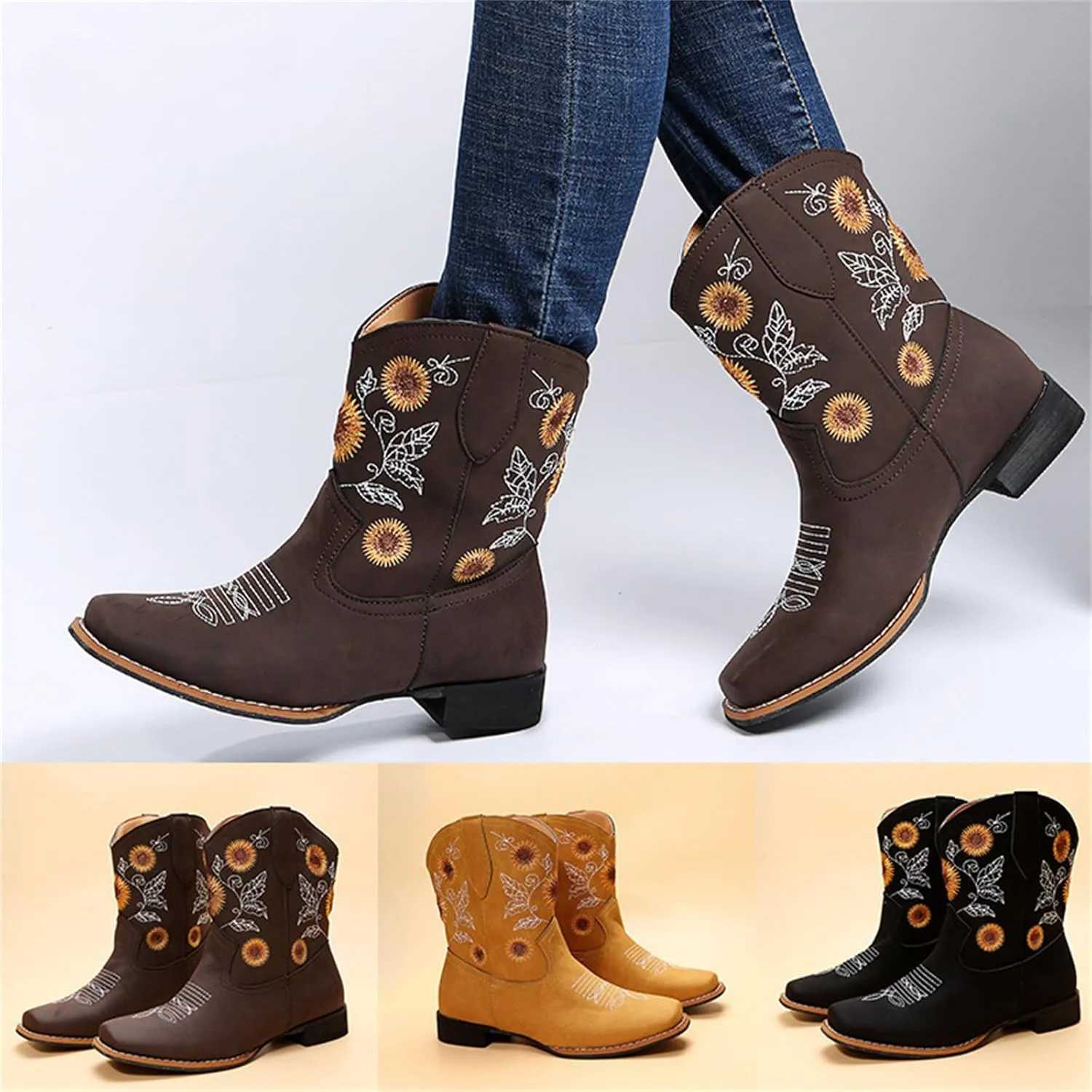Ladmiple Boots For Women Fashion Dressy Embroidered Western Cowboy Ankle Boots Chunky Heel Retro Classic Boot Pull-On
